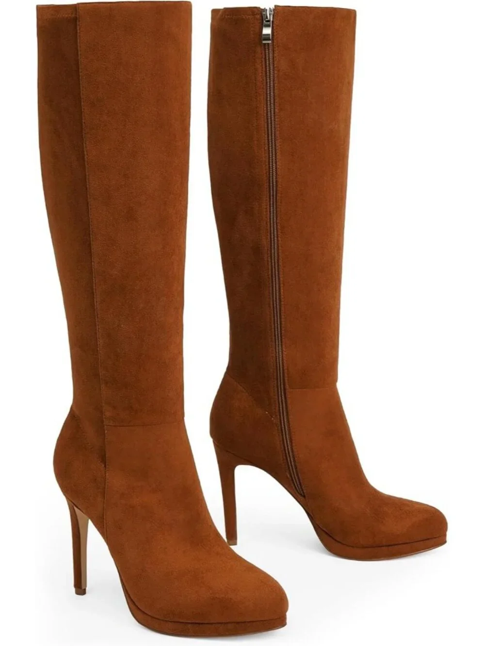 Women's Brown Suede Round Toe Stiletto Heels Fall Tall Platform Boot Side Zipper